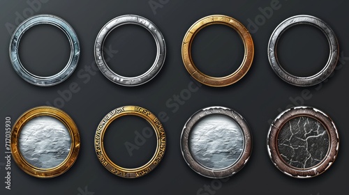 Set of round ui game frames, textured circles made of silver, gold, metal with snow, wood or stone materials Cartoon circular empty borders, isolated graphic design gui elements, Vector illustration
