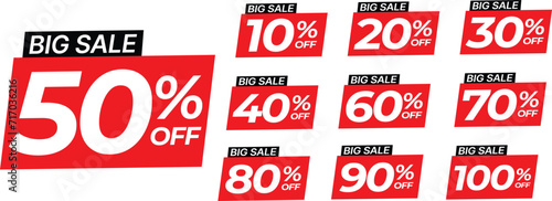 Trendy big sale red label different clearance value set. 10, 20, 30, 40, 50, 60, 70, 80, 90, 100 percent price cut out badge vector illustration isolated on white background, Discount price tags.