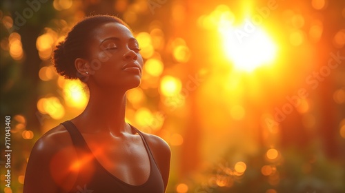 Serene woman enjoying sunset with eyes closed in nature
