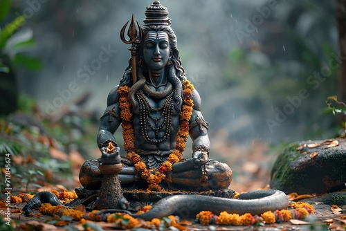 Shivaratri background with Shivas trident, Pellet Drum Damroo musical instrument ans snake