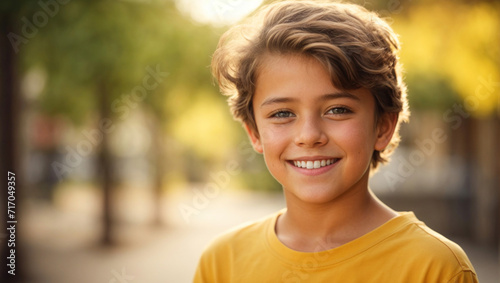 Face portrait of a smiling kid. American boy face, blurred summer background. European teenager in casual yellow cloth