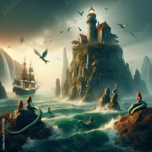 Un faro antiguo en la cima de un acantilado, guiando a los barcos a través de tormentas y neblinas, mientras sirenas cantan en las rocas cercanas.