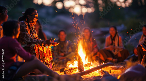 A tranquil scene of a Native American elder telling stories around a campfire, surrounded by family and community members, with the warm glow of the flames enhancing the atmosphere