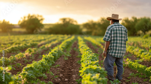 A Native American farmer tending to crops in a field, utilizing sustainable agricultural practices that have been passed down through generations, emphasizing the connection betwee