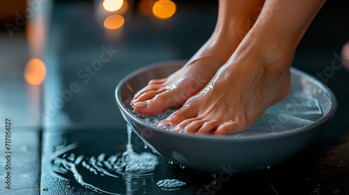 Feet foot bath in spa salon. Selective focus.