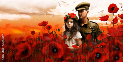 Anzac Day banner with red poppies and a military man with a child