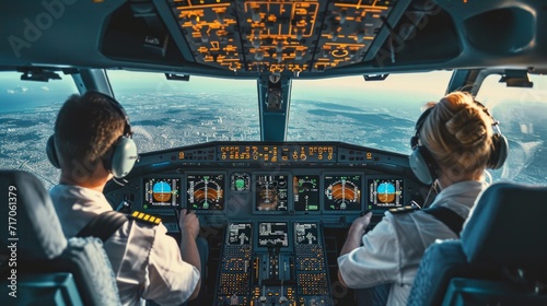 Two professional aviators sitting in cockpit during flight