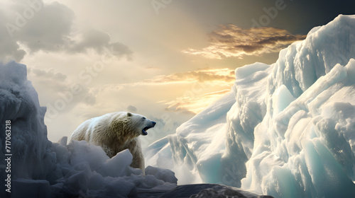 Polar bear in the north, ice melt, sunset