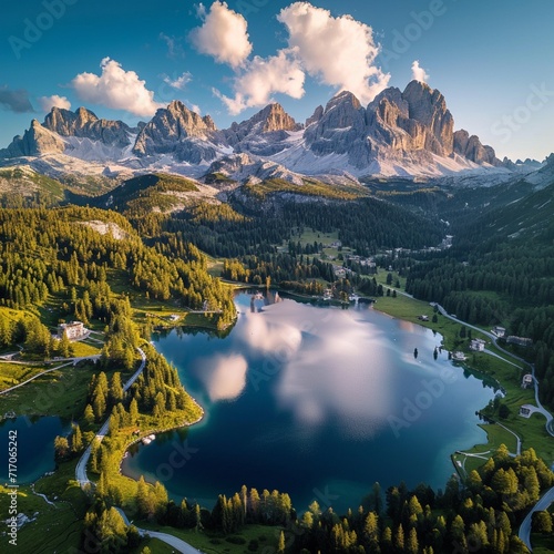 Aerial view of Lago Antorno, Dolomites, Lake mountain landscape with Alps peak , Misurina, Cortina d'Ampezzo, Italy Aerial view of Lago Antorno, Dolomites, Lake mountain landscape with Alps peak , Mis