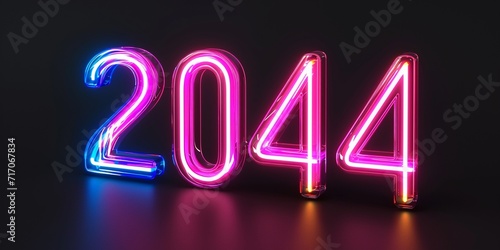 3d render, number 2044 glowing in the dark, pink blue neon light, futuristic concept of year 2044.
