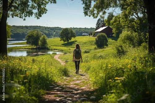 A person enjoying a leisurely walk along a scenic path covered in lush green grass