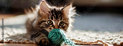 the cat plays with a ball of thread. Selective focus.
