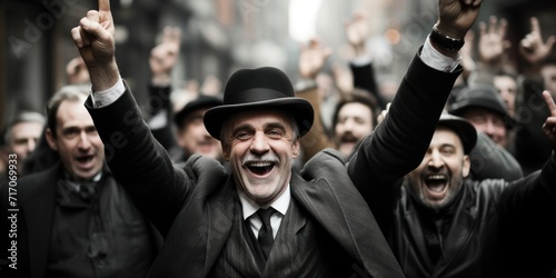 Monochrome jubilant crowd celebrating with one man leading in a bowler hat