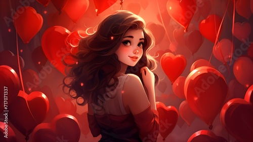 Junge Frau umgeben von Herzen – Valentinstag Illustration