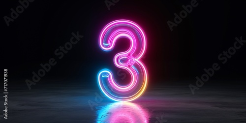 3d render, number three glowing in the dark, pink blue neon light