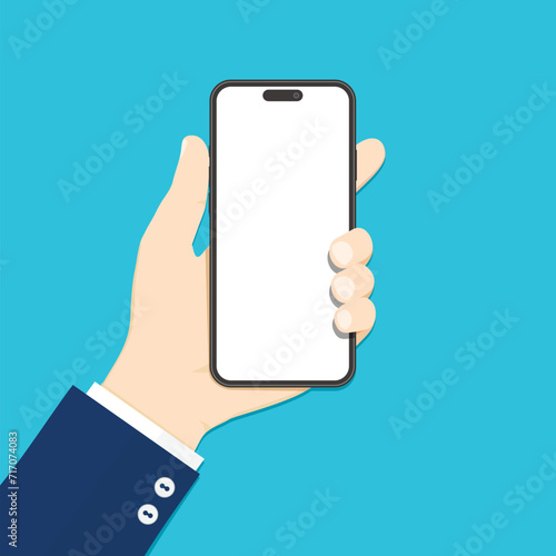 Hand holding cellphone flat vector illustration