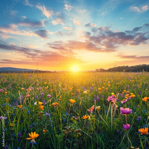 Colorful spring sunrise on meadow Colorful spring sunrise on meadow --v 6.0 - Image #1 @malikahtesham5382