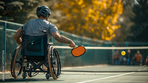 Male wheelchair athlete with racket on Pickleball court, autumnal trees in the background