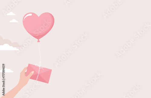 Hand holding envelope tied to heart balloon, copy space. Vector flat illustration