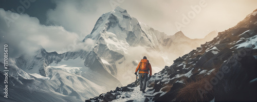 Tourist hiking in snowy mountains. Man with climbing accessories dressed high warm mountaineering clothes. copy space for text.