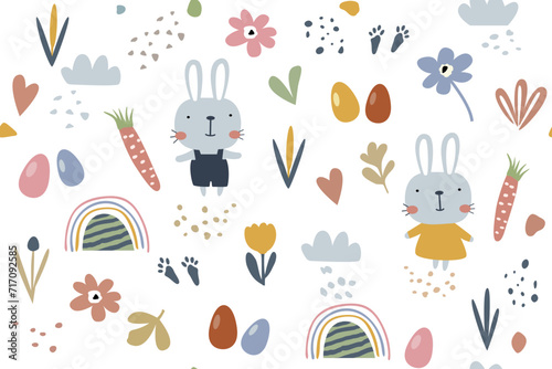 Handmade Easter pattern, rabbits, eggs and flowers, various elements in pastel colors