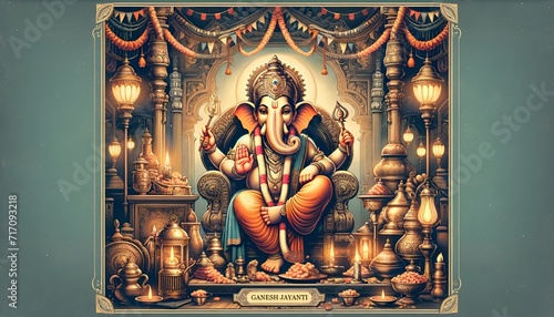 Illustration of the hindu god ganesha in vintage style.