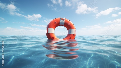 Lifebuoy floating in the ocean under blue sky, Ai Generated