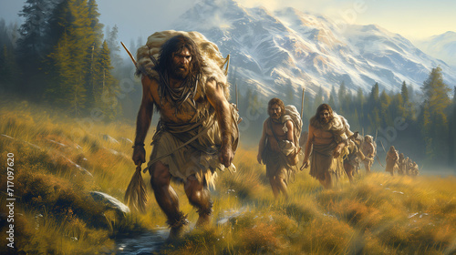 Survival Symphony, Hunter gatherer, Neanderthals and Humans Converge in Migration, Illustrating Resilience and Cooperative Adaptation