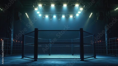Generative AI, professional mma cage arena with spotlights, martial arts sport ring 