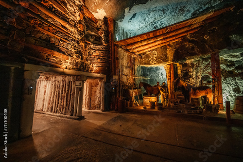 Wieliczka Salt Mine near Krakow. Opened in the 13th century, the mine produced table salt. Underground corridor in Wieliczka Salt Mine