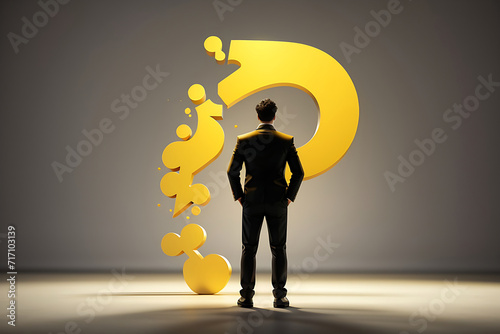 Man silhouette thinking with a huge yellow question mark design. Finding a solution concept background 3D Rendering, 3D Illustration design.