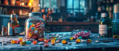 Amidst the colorful building blocks and indoor setting, a lone jar of pills and capsules sits on the table, hinting at the fragility and complexities of human existence