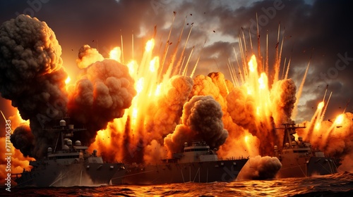 Warboats destroyers launching missiles for special navy operations and defense strategies