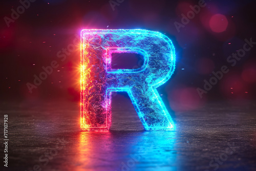Letter R - colorful glowing outline alphabet symbol on blue lens flare dark background