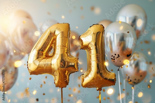 41. Geburtstag, "41" aus goldenen Heliumballons, festlicher Hintergrund