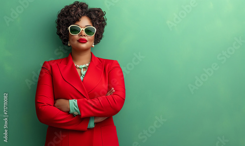 Bold Fashionista in Red Power Suit, Retro Sunglasses, Statement Necklace, Green Backdrop