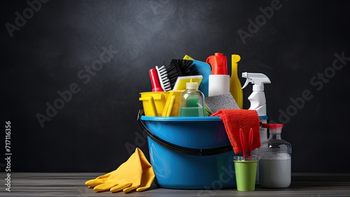 a bucket filled with cleaning supplies placed on a table against a grey background, creating a visually appealing composition, ample space for text to convey a cleaning-related message or branding.