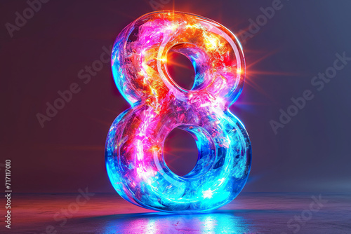 Number 8 - colorful glowing outline alphabet symbol on blue lens flare dark background