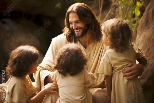 Jesus Christ talking to children, Jesus and children smiling. Generation