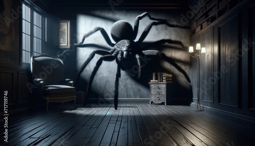 Massive spider casting a shadow on the wall of a dark, vintage study room, with classic furniture and a wall of books. arachnophobia