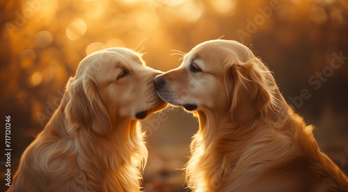 two golden Retrievers are touching each others faces