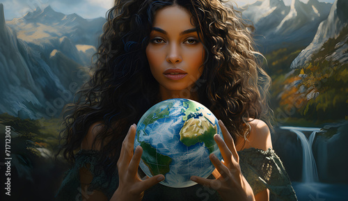 Linda jovem ativista segurando o globo do planeta Terra na mão em ação climática e conceito de conservação ambiental