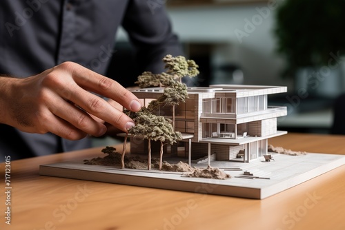 Close-up of architect model of house on table, Ai Generated