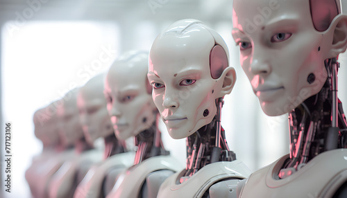 Robôs com o rosto humanoide de mulher em fileira esperando ordens