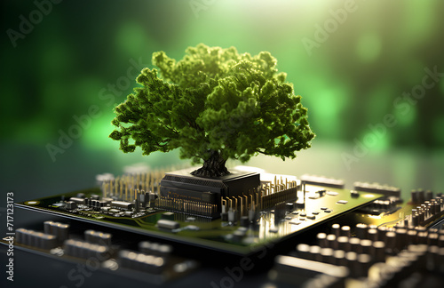Árvore crescendo no ponto convergente da placa de circuito do computador. Computação verde, tecnologia verde, TI verde, RSE e ética de TI. Conceito de tecnologia verde. Tecnologia verde ambiental.