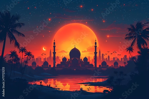 vector background with mosques and minarets to the holiday Mubarak