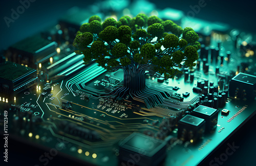 Árvore crescendo no ponto convergente da placa de circuito do computador. Computação verde, tecnologia verde, TI verde, RSE e ética de TI. Conceito de tecnologia verde. Tecnologia verde ambiental.