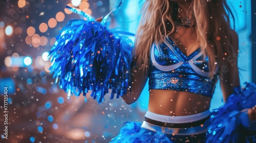 Cheerleader in blue performing, with pom-poms and glitter