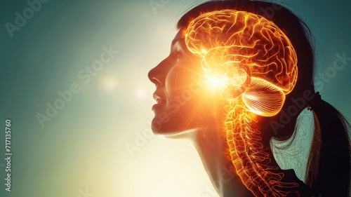 Profile of a woman with glowing brain illustration on a sunny background