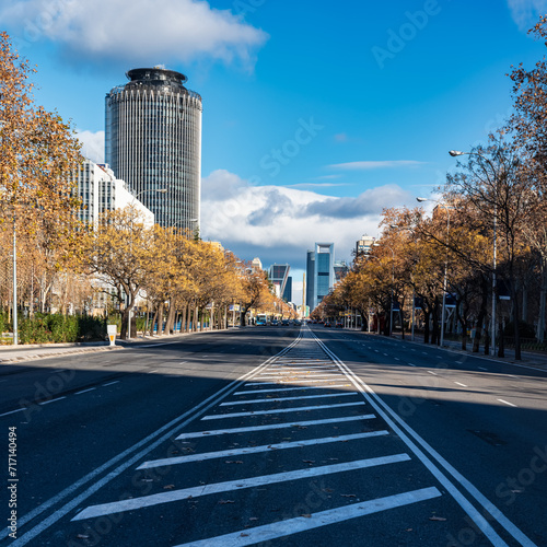 High-rise office buildings in the financial and economic district of Spain's capital, Madrid.